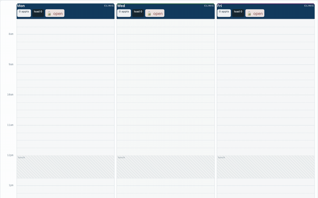 An empty five-day clinic week fills with a full, evenly spaced two-provider schedule after one click.